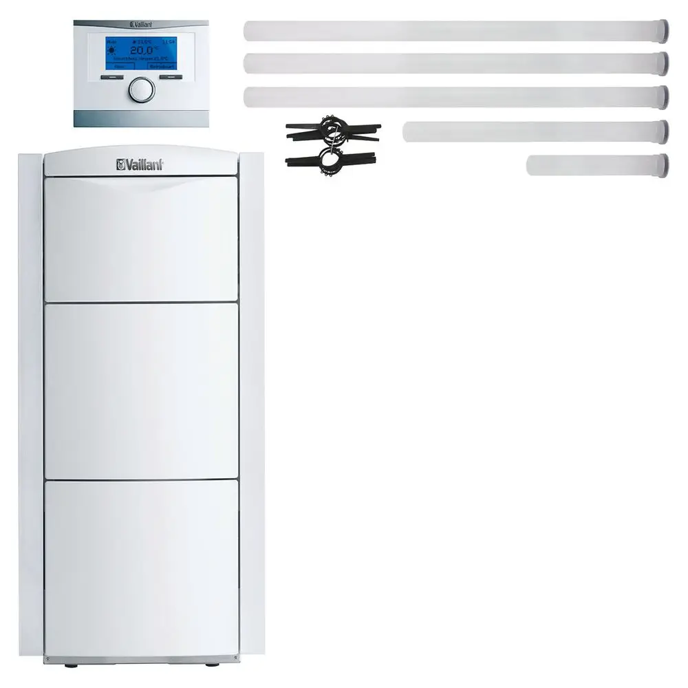 Vaillant Heizgerät in weißer Ausführung mit Steuerungseinheit und Zubehör. Der Heizkörper ist vertikal und in einem modernen Design gehalten.
